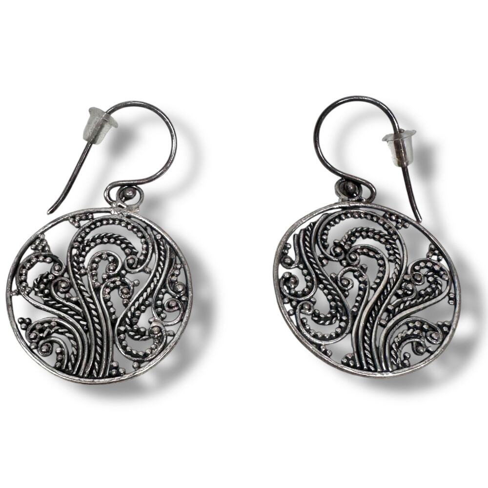 Sterling Silver Filigree Round Dangle Earrings Elegant‎ Boho Jewelry For Women